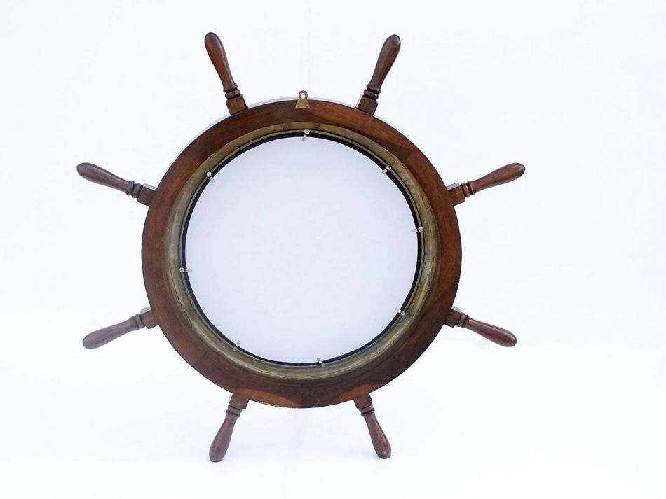 Deluxe Class Wood and Antique Brass Ship Wheel Porthole Mirror 36"