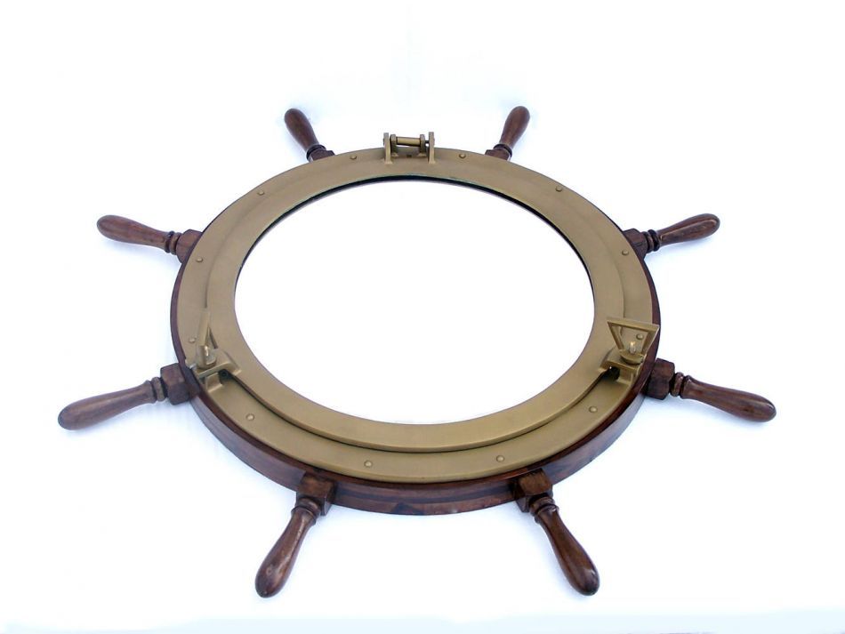Deluxe Class Wood and Antique Brass Ship Wheel Porthole Mirror 36"