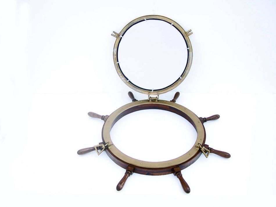 Deluxe Class Wood and Antique Brass Ship Wheel Porthole Mirror 36"