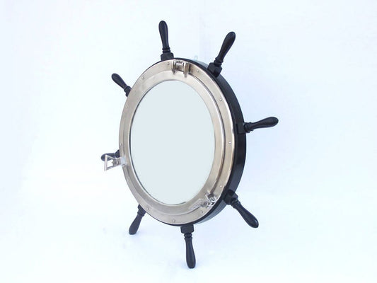 Deluxe Class Wood and Brushed Nickel Ship Wheel Porthole Mirror 36"