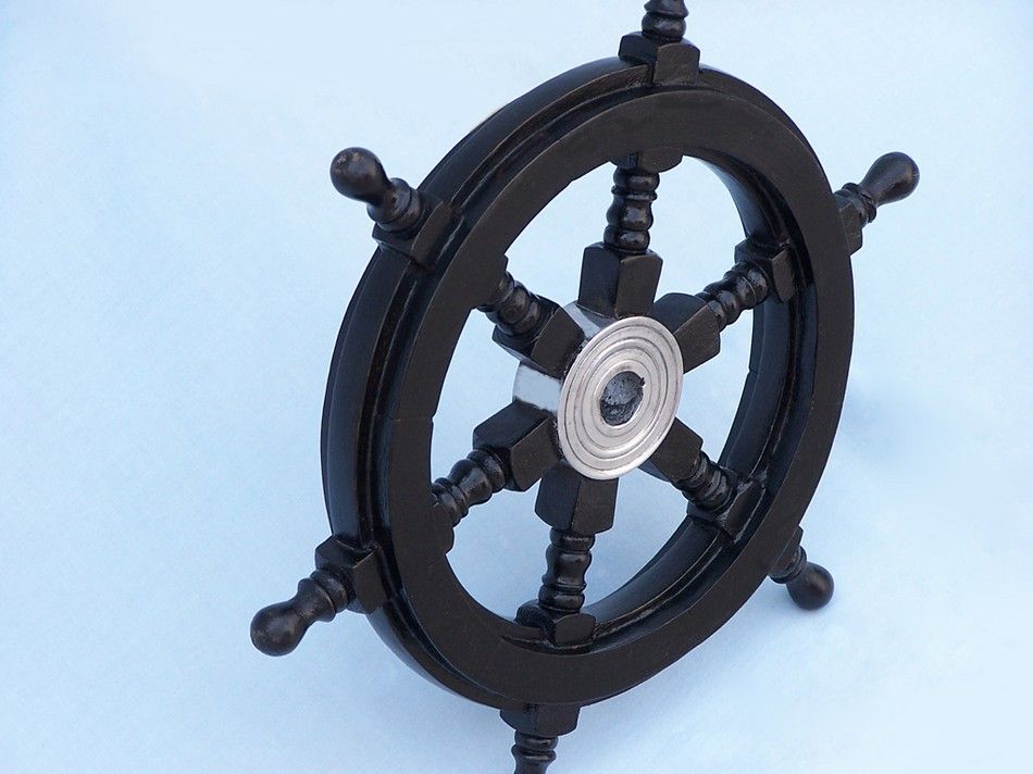 Deluxe Class Wood and Chrome Decorative Pirate Ship Steering Wheel 12"