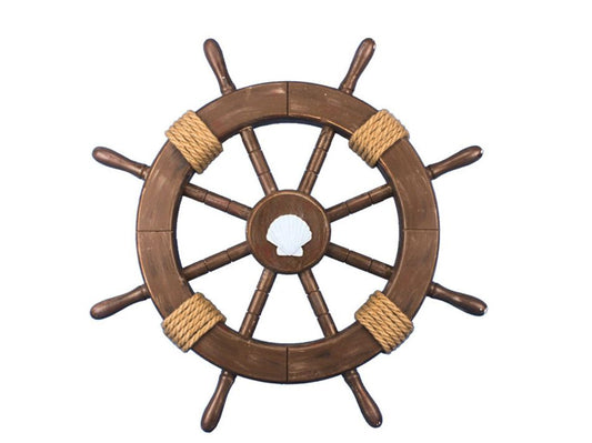 Rustic Wood Finish Decorative Ship Wheel with Seashell 18"