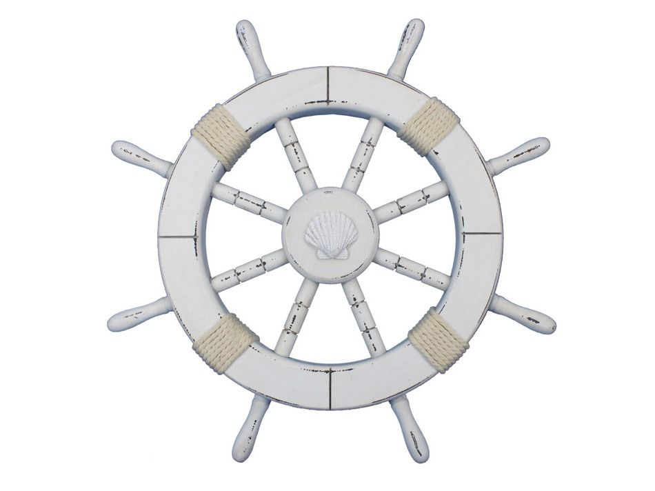 Rustic White Decorative Ship Wheel with Seashell 18"