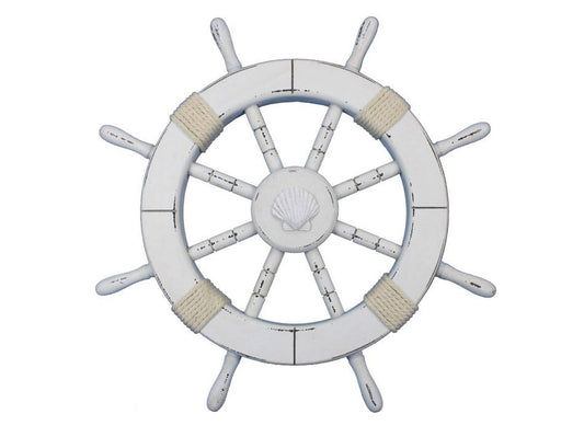Rustic White Decorative Ship Wheel with Seashell 18"