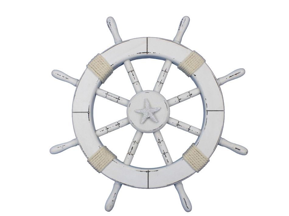 Rustic White Decorative Ship Wheel with Starfish 18"
