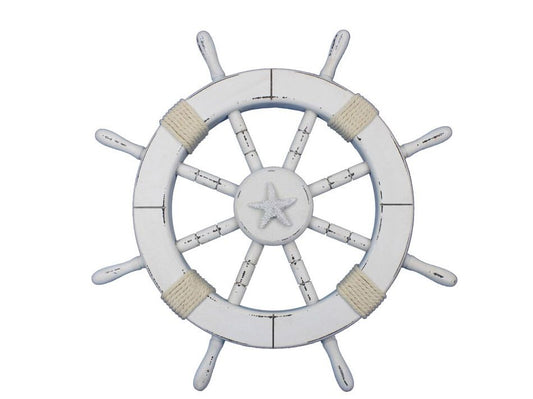 Rustic White Decorative Ship Wheel with Starfish 18"