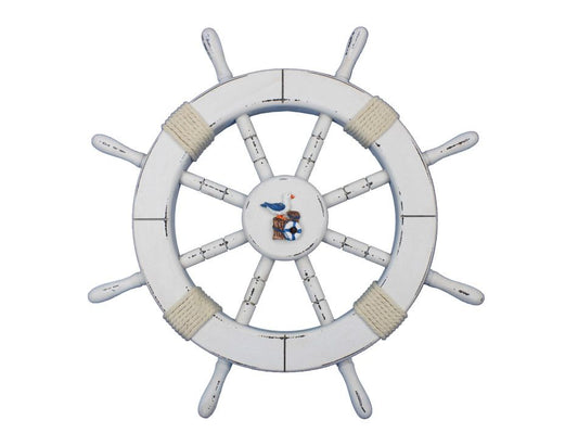 Rustic White Decorative Ship Wheel with Seagull and Lifering 18"