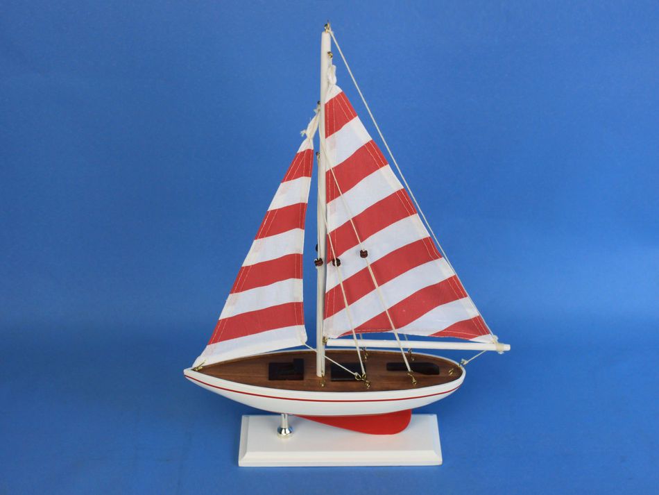 Wooden Red Striped Pacific Sailer Model Sailboat Decoration 17"
