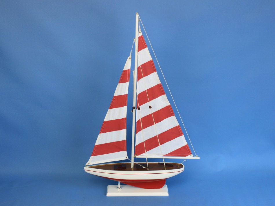 Wooden Red Striped Pacific Sailer Model Sailboat Decoration 25"