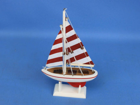 Wooden Red Striped Pacific Sailer Model Sailboat Decoration 9"