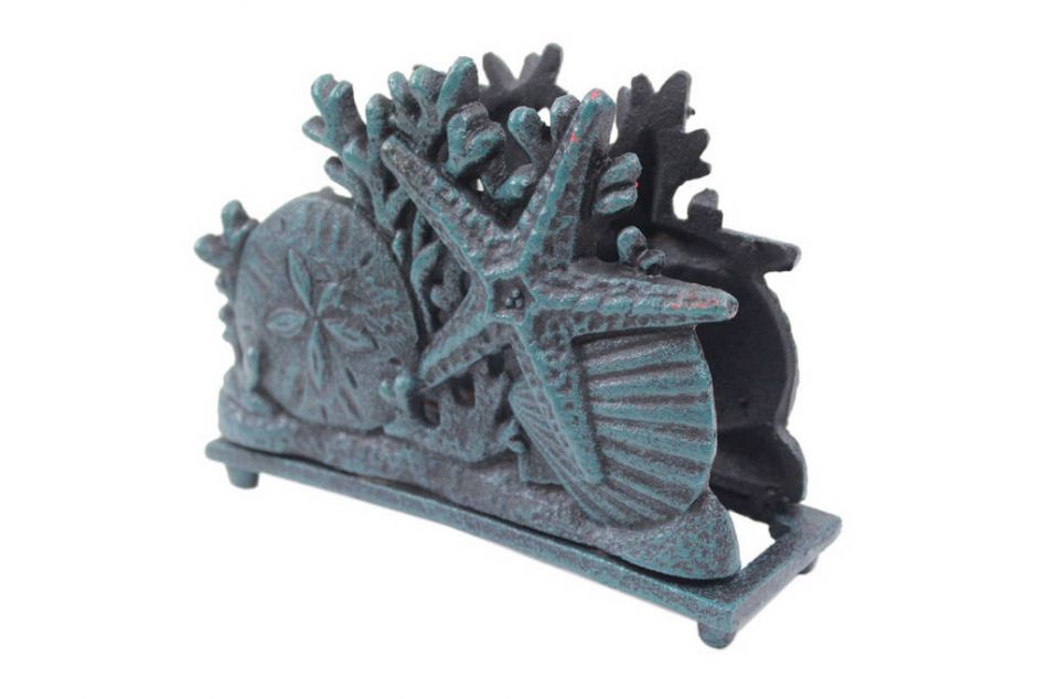 Seaworn Blue Cast Iron Seashell Napkin Holder 7"