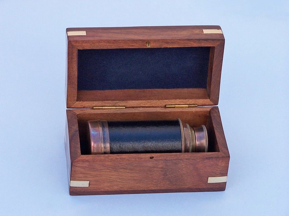 Deluxe Class Scouts Antique Copper - Leather Spyglass Telescope 7 with Rosewood Box