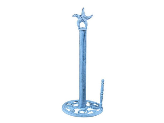 Rustic Dark Blue Whitewashed Cast Iron Starfish Paper Towel Holder 15"