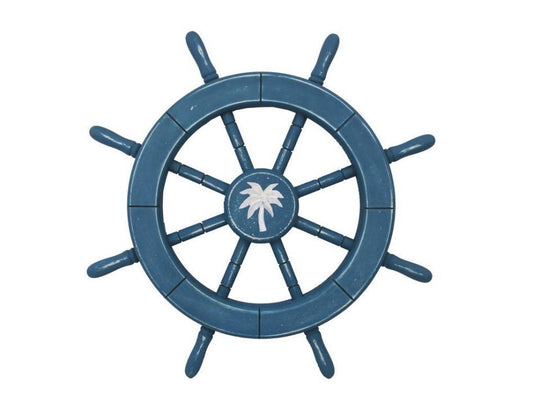 Rustic All Light Blue Decorative Ship Wheel with Palm Tree 18"