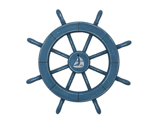 Rustic All Light Blue Decorative Ship Wheel with Sailboat 18"