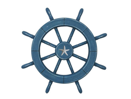 Rustic All Light Blue Decorative Ship Wheel with Starfish 18"