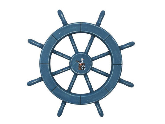 Rustic All Light Blue Decorative Ship Wheel with Seagull 18"