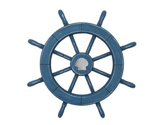 Rustic All Light Blue Decorative Ship Wheel with Seashell 18"