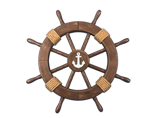 Rustic Wood Finish Decorative Ship Wheel with Anchor 18"