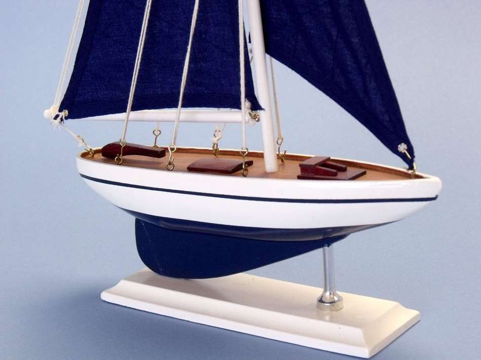 Wooden Blue Pacific Sailer with Blue Sails Model Sailboat Decoration 17"