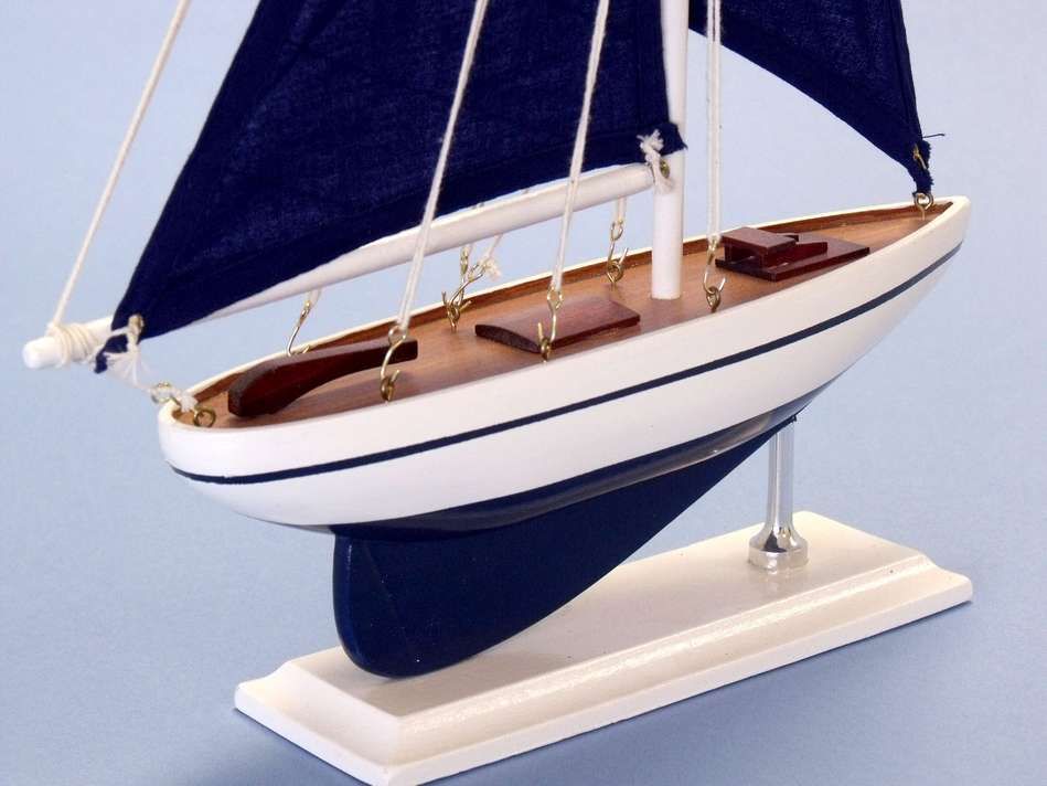 Wooden Blue Pacific Sailer with Blue Sails Model Sailboat Decoration 17"