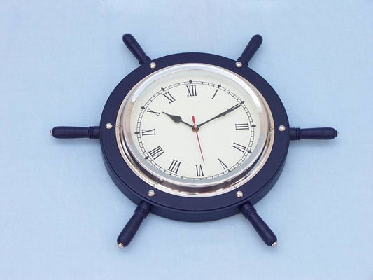 Dark Blue Wood And Chrome Ship Wheel Clock 15"