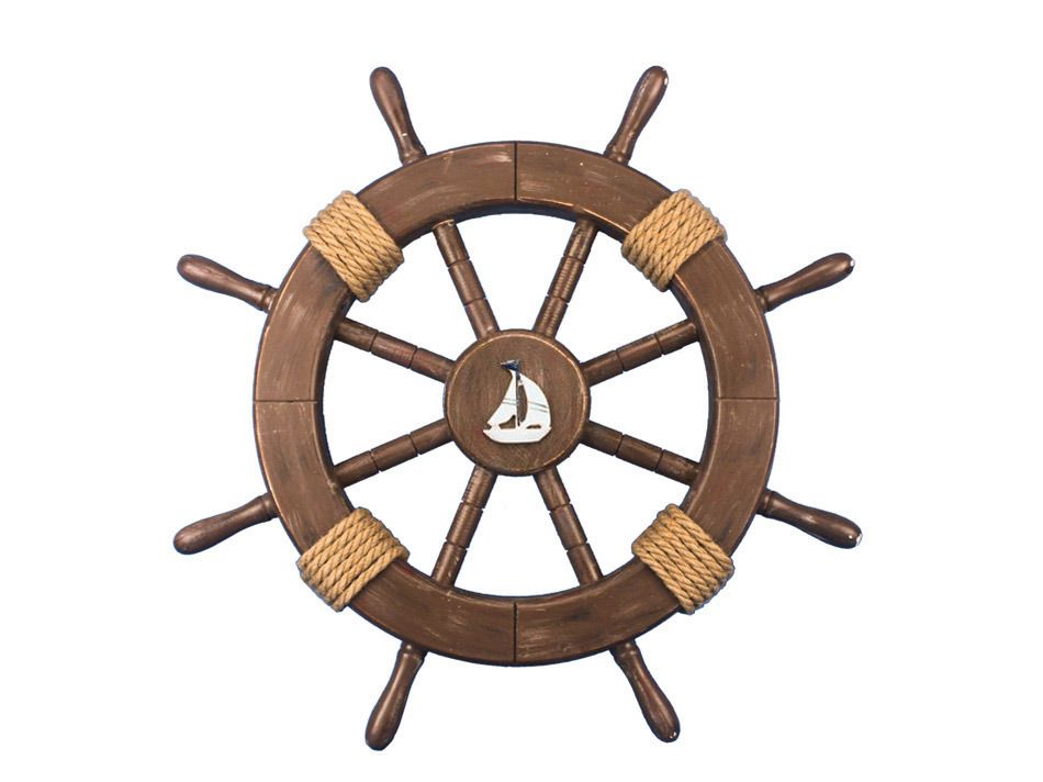 Rustic Wood Finish Decorative Ship Wheel with Sailboat 18"
