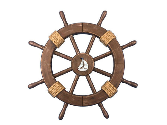Rustic Wood Finish Decorative Ship Wheel with Sailboat 18"