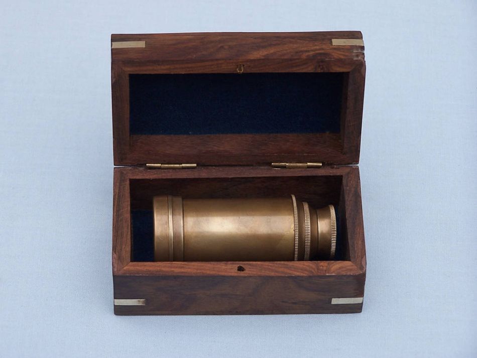 Deluxe Class Scout's Antique Brass Spyglass Telescope 7" with Rosewood Box