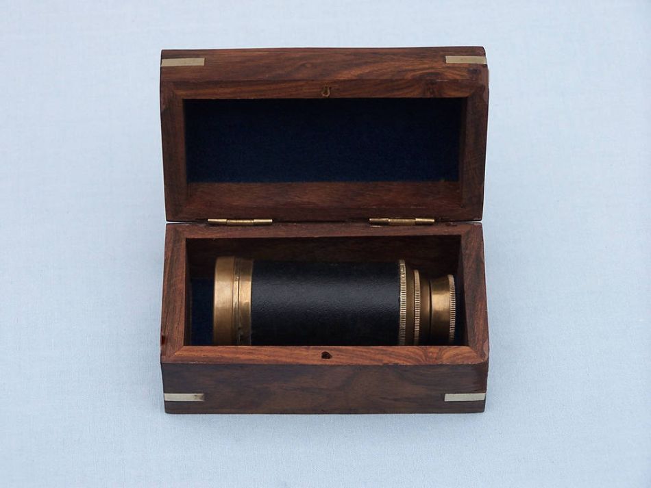 Deluxe Class Scout's Antique Brass Leather Spyglass Telescope 7" with Rosewood Box