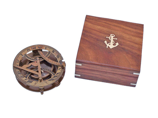 Antique Brass Round Sundial Compass with Rosewood Box 6"