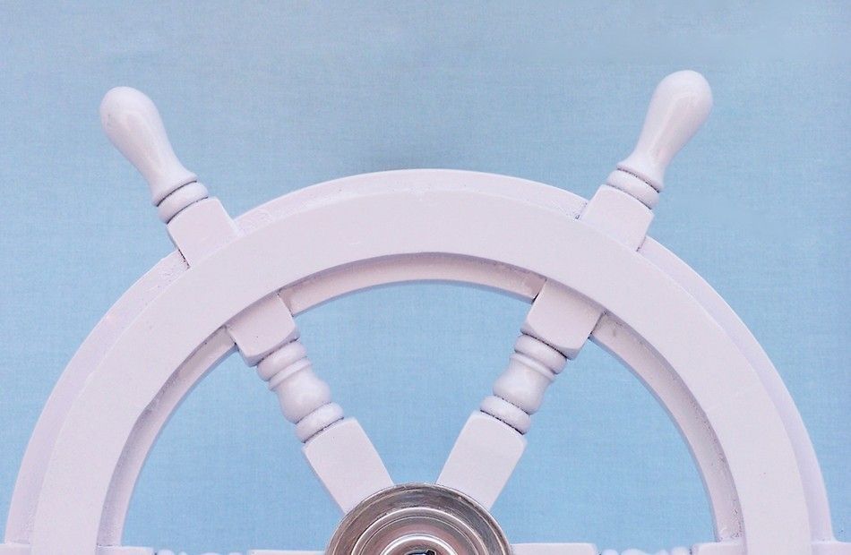 Deluxe Class White Wood and Chrome Ship Decorative Steering Wheel 12"
