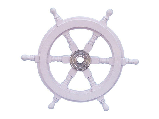 Deluxe Class White Wood and Chrome Ship Decorative Steering Wheel 12"