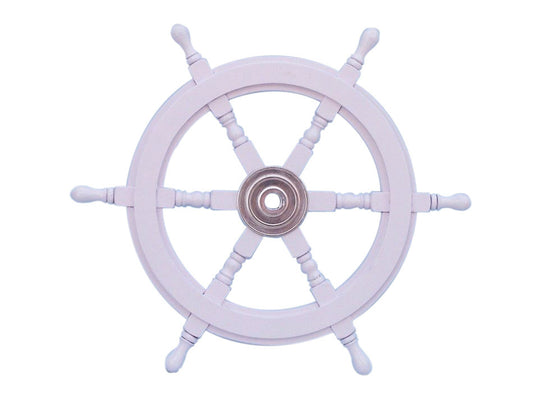 Deluxe Class White Wood and Chrome Ship Decorative Steering Wheel 24"