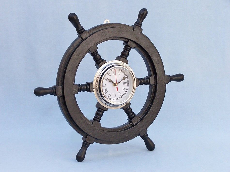 Deluxe Class Wood and Chrome Pirate Ship Wheel Clock 18"