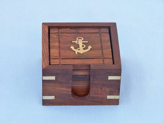 Wooden Anchor Coasters With Rosewood Holder 4" - Set of 6