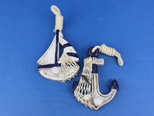 Wooden Rustic Decorative Blue Sailboat/Anchor Wall Accent w/ Hook Set 6"