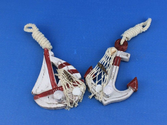Wooden Rustic Red Decorative Sailboat/Anchor Wall Accent w/ Hook Set 6"